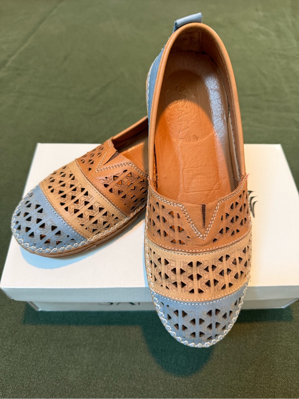 Size 8 Sanata Blue/tan slip-ons